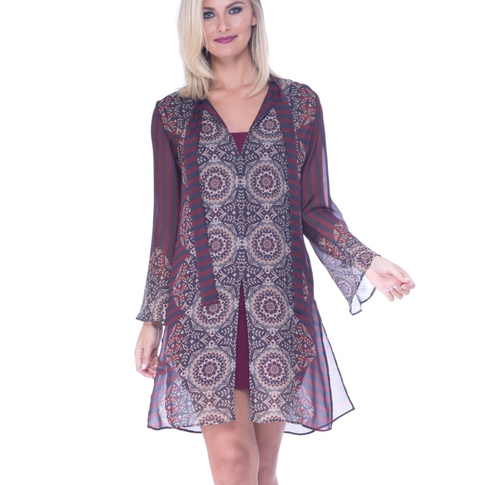 Analili XS Sheer Mandala Stripe Tie Neck Bell Sleeve Tunic Dress Top (no liner)
